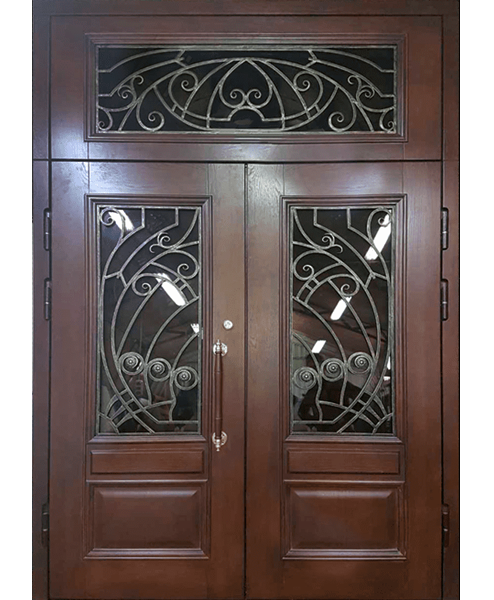 Дубовая дверь с равными створками с стеклопакетом и ковкой №72036
